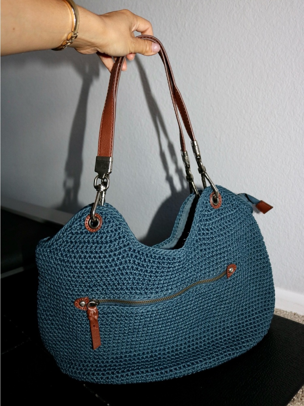 The Sak Crochet Hobo Shoulder Bag Navy Teal Blue Leather Trim Boho Coastal